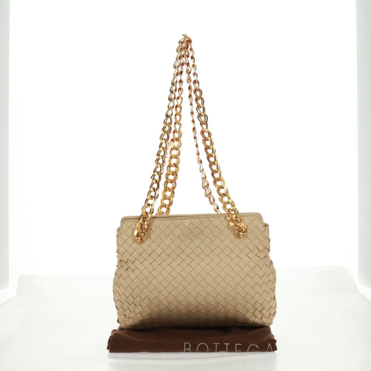 BOTTEGA VENETA INTRECCIATO Chain Shoulder Bag Leather Beige Gold Auth 162338V