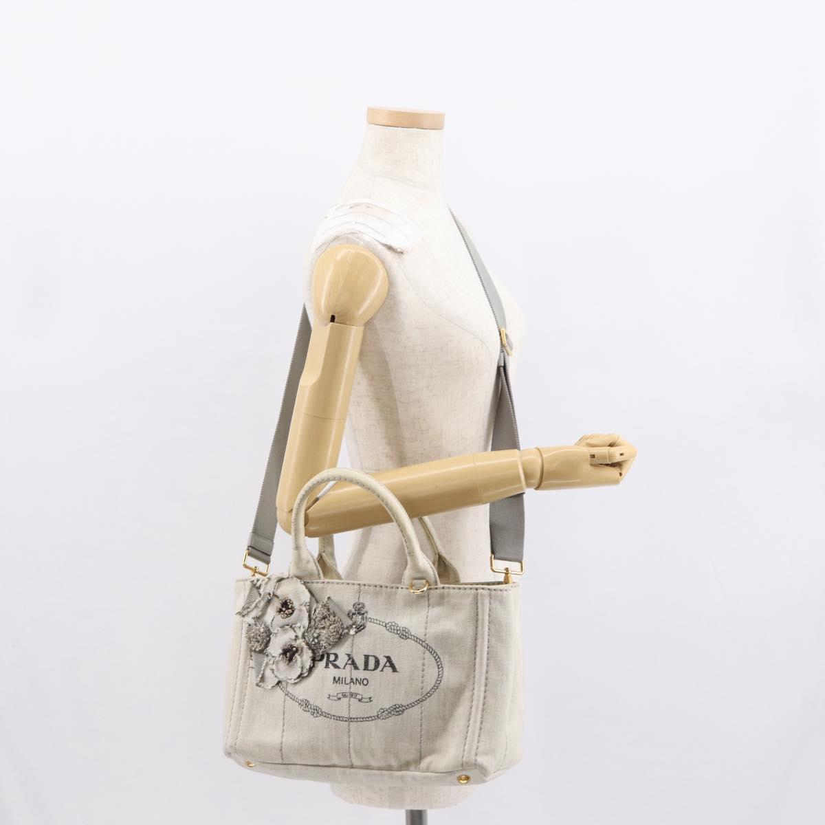 PRADA Canapa PM Hand Bag Canvas 2way Gray Gold Auth 162339