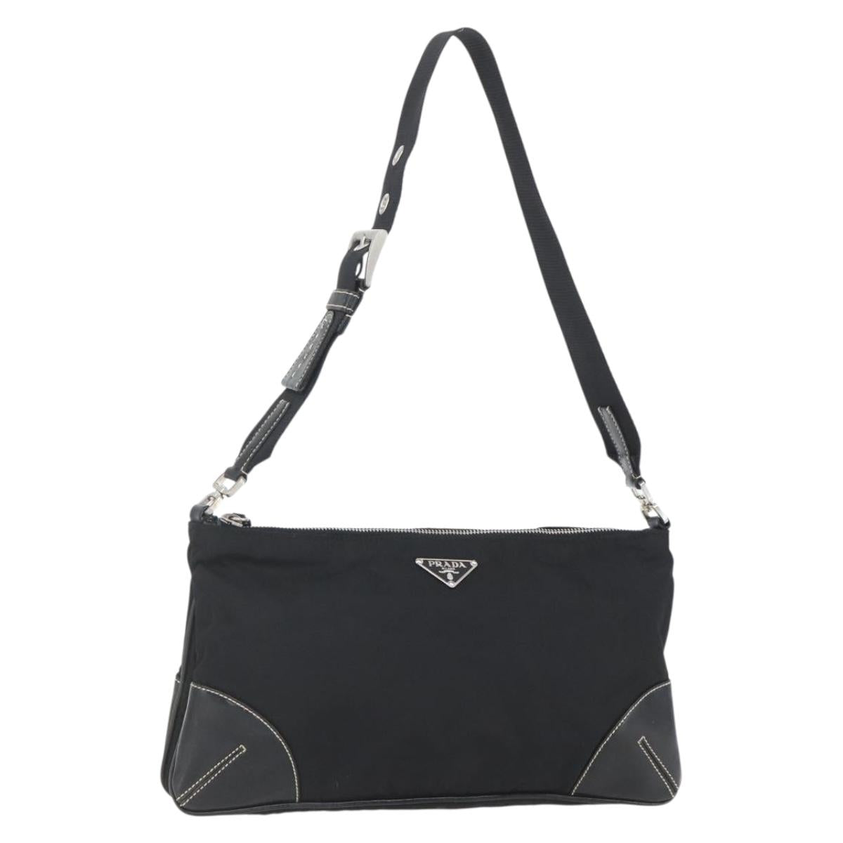 PRADA Shoulder Bag Nylon Black Silver Auth 162342