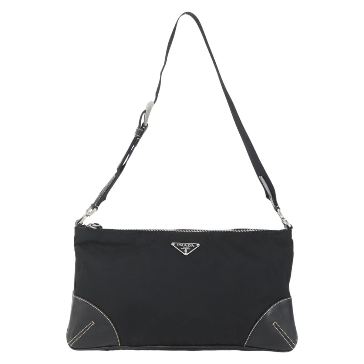 PRADA Shoulder Bag Nylon Black Silver Auth 162342