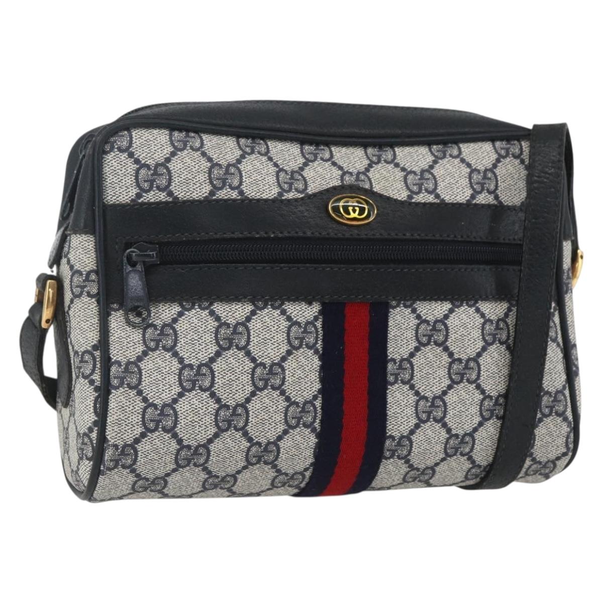 GUCCI GG Supreme Sherry Line Bag PVC Navy Gold Red 56 02 004 Auth 162384