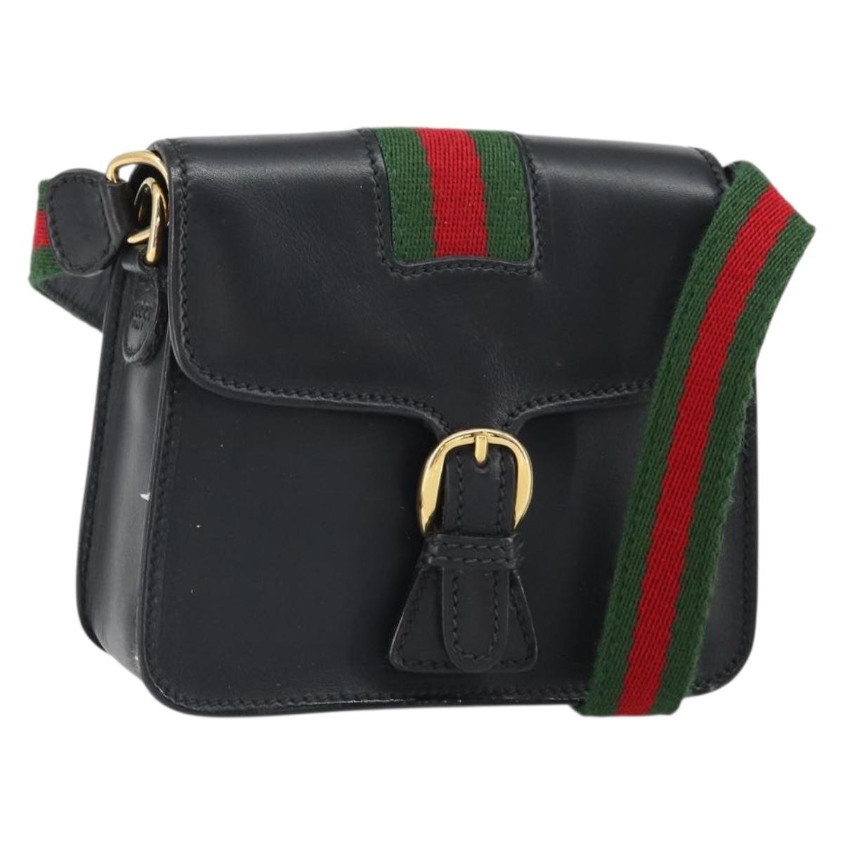 GUCCI Web Sherry Line Shoulder Bag Leather Black Red 007 1274 0230 Auth 162391V