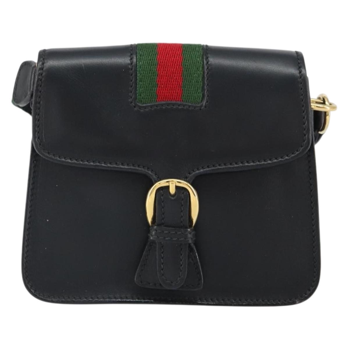 GUCCI Web Sherry Line Shoulder Bag Leather Black Red 007 1274 0230 Auth 162391V