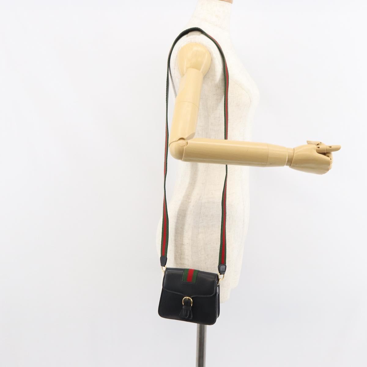 GUCCI Web Sherry Line Shoulder Bag Leather Black Red 007 1274 0230 Auth 162391V