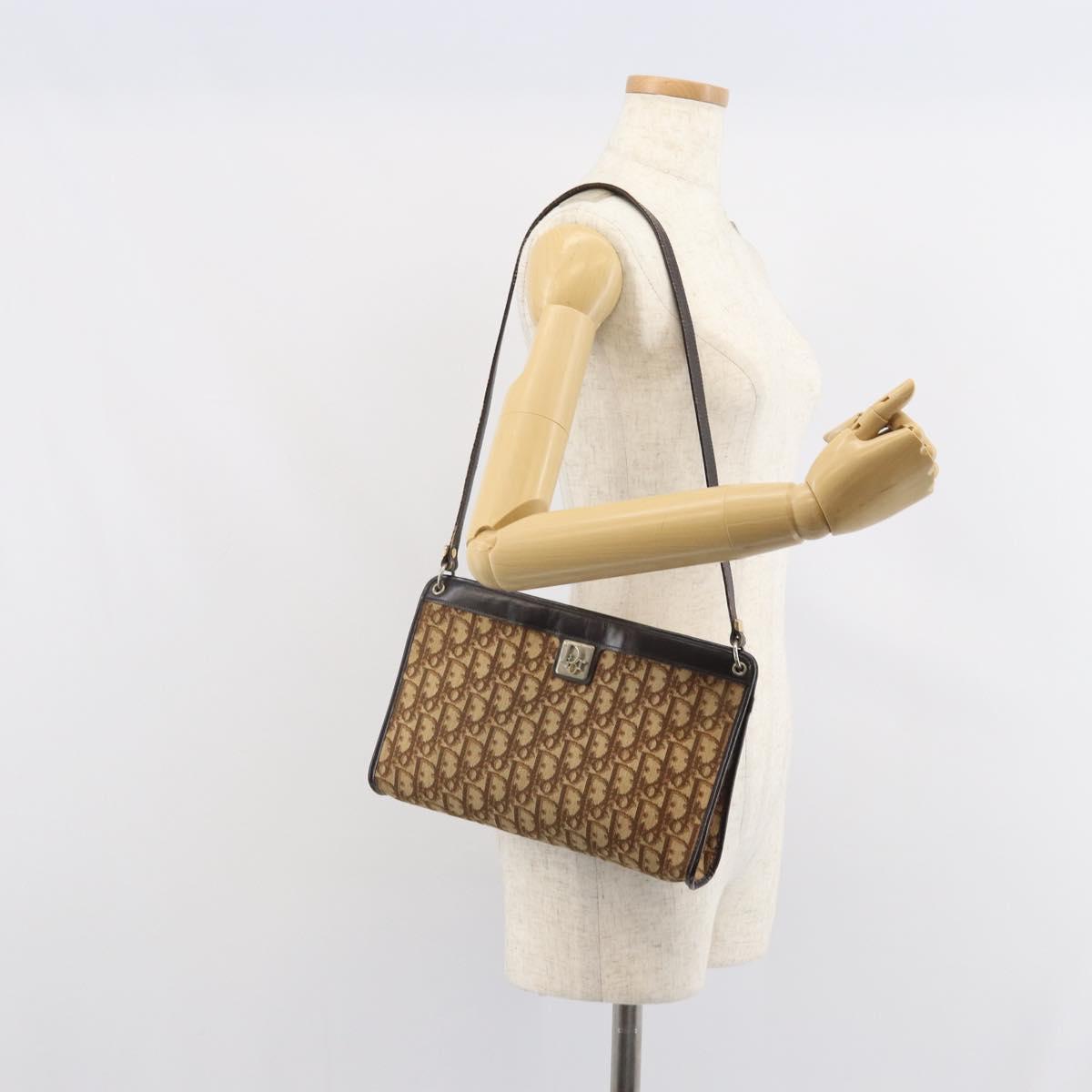 Christian Dior Trotter Canvas Shoulder Bag Brown Gold Auth 162403