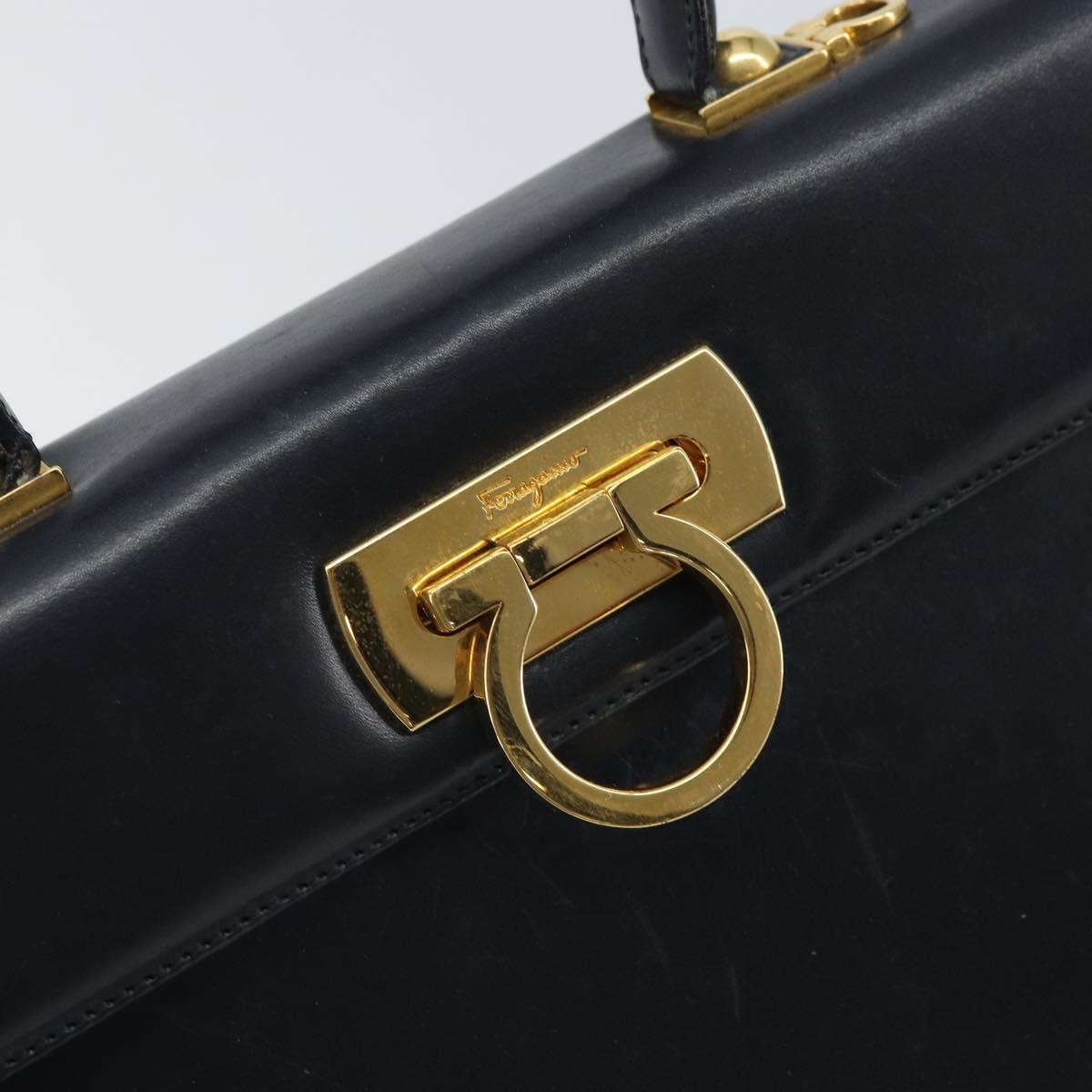 Salvatore Ferragamo Gancini Hand Bag Leather Navy Gold Auth 162408