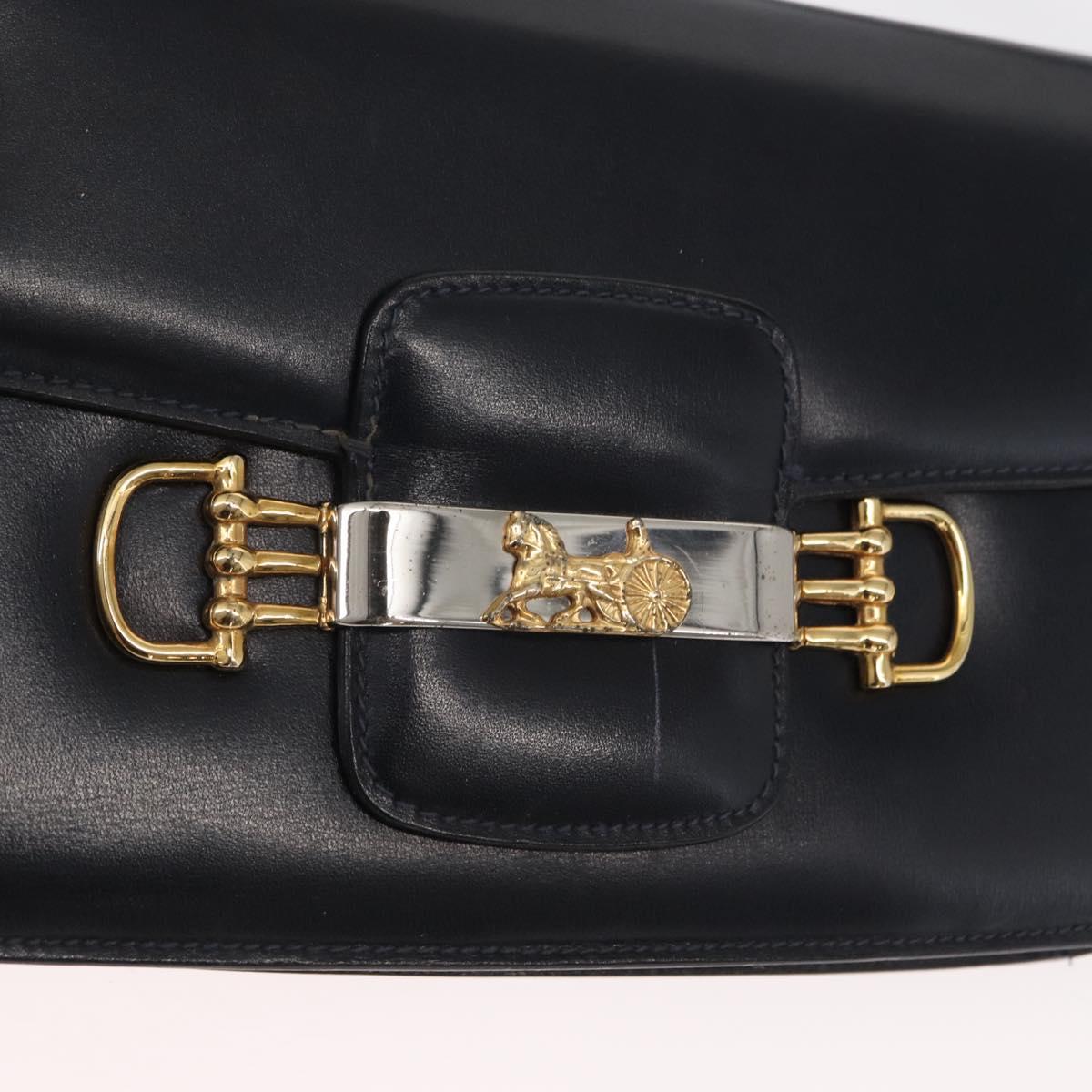 CELINE Horse Carriage Shoulder Bag Leather Navy Gold Auth 162409
