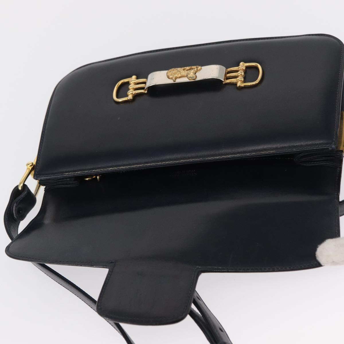 CELINE Horse Carriage Shoulder Bag Leather Navy Gold Auth 162409