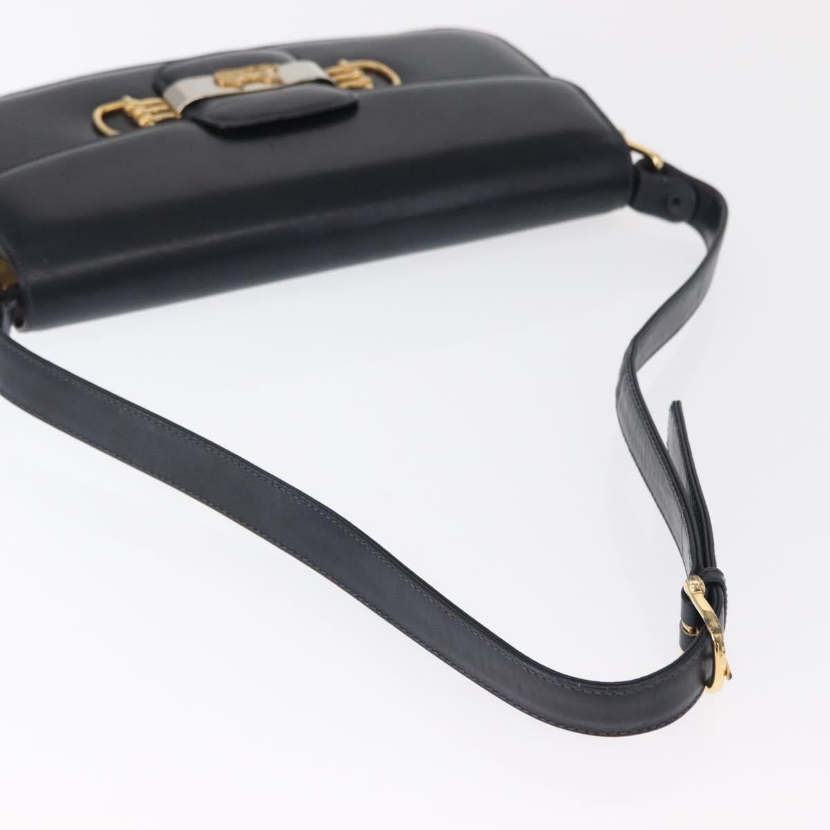 CELINE Horse Carriage Shoulder Bag Leather Navy Gold Auth 162409