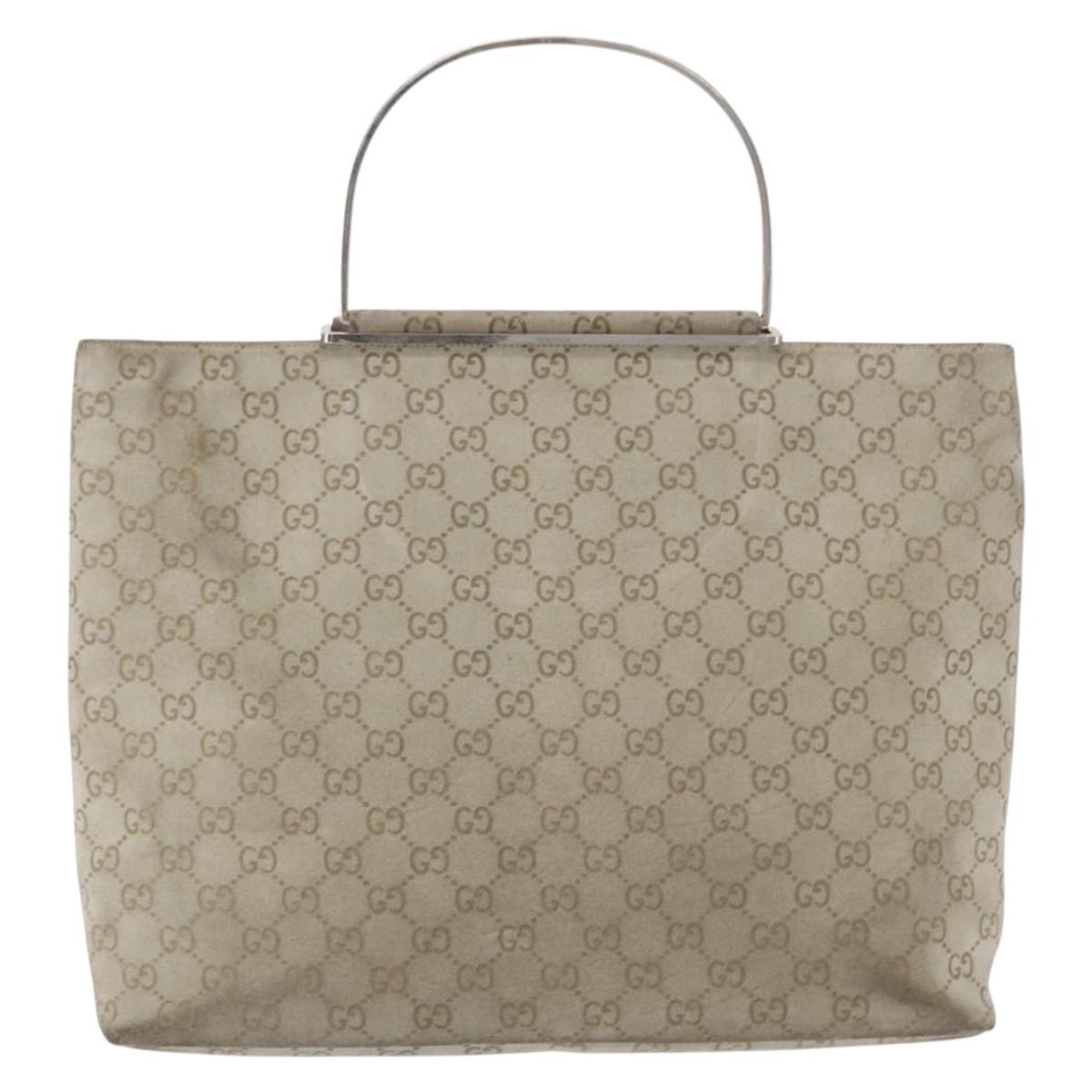 GUCCI GG Canvas Tote Bag Suede Beige Silver Auth 162462