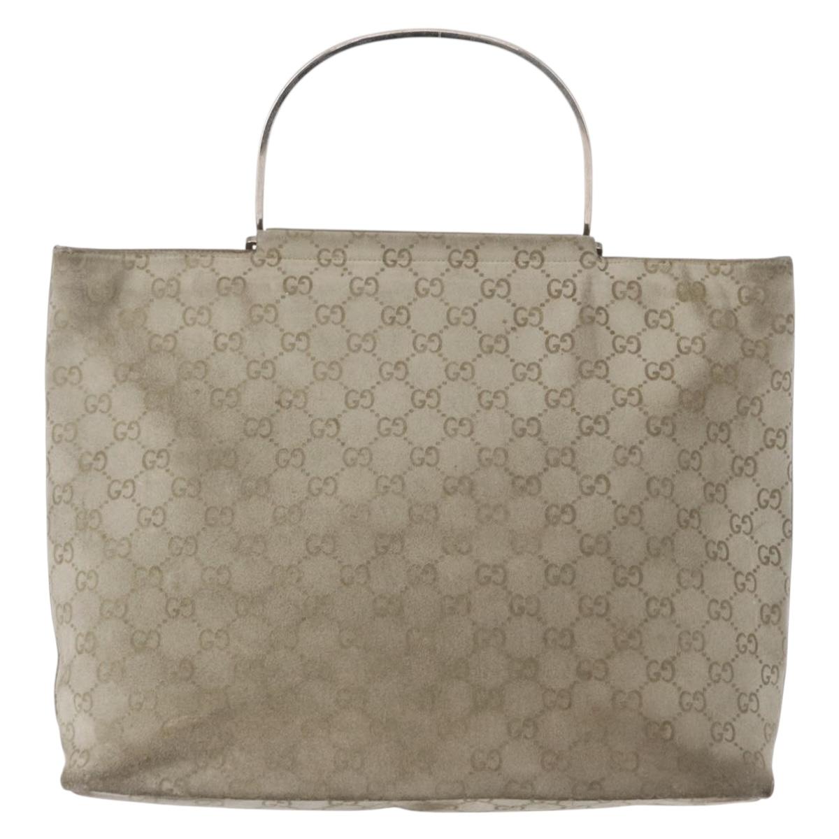 GUCCI GG Canvas Tote Bag Suede Beige Silver Auth 162462
