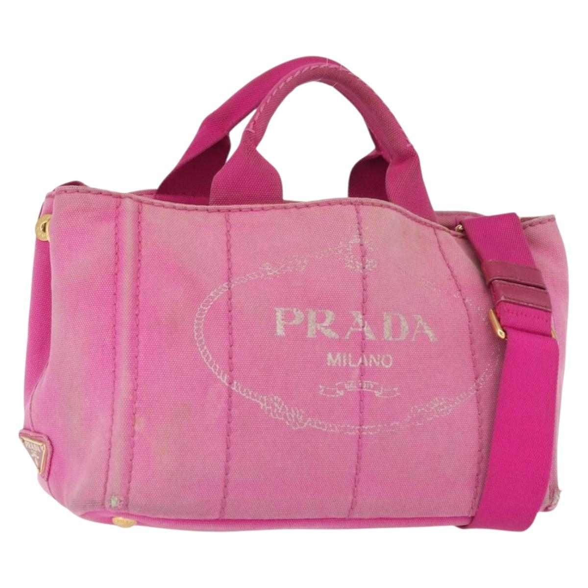 PRADA Canapa PM Hand Bag Canvas 2way Pink Gold Auth 162515