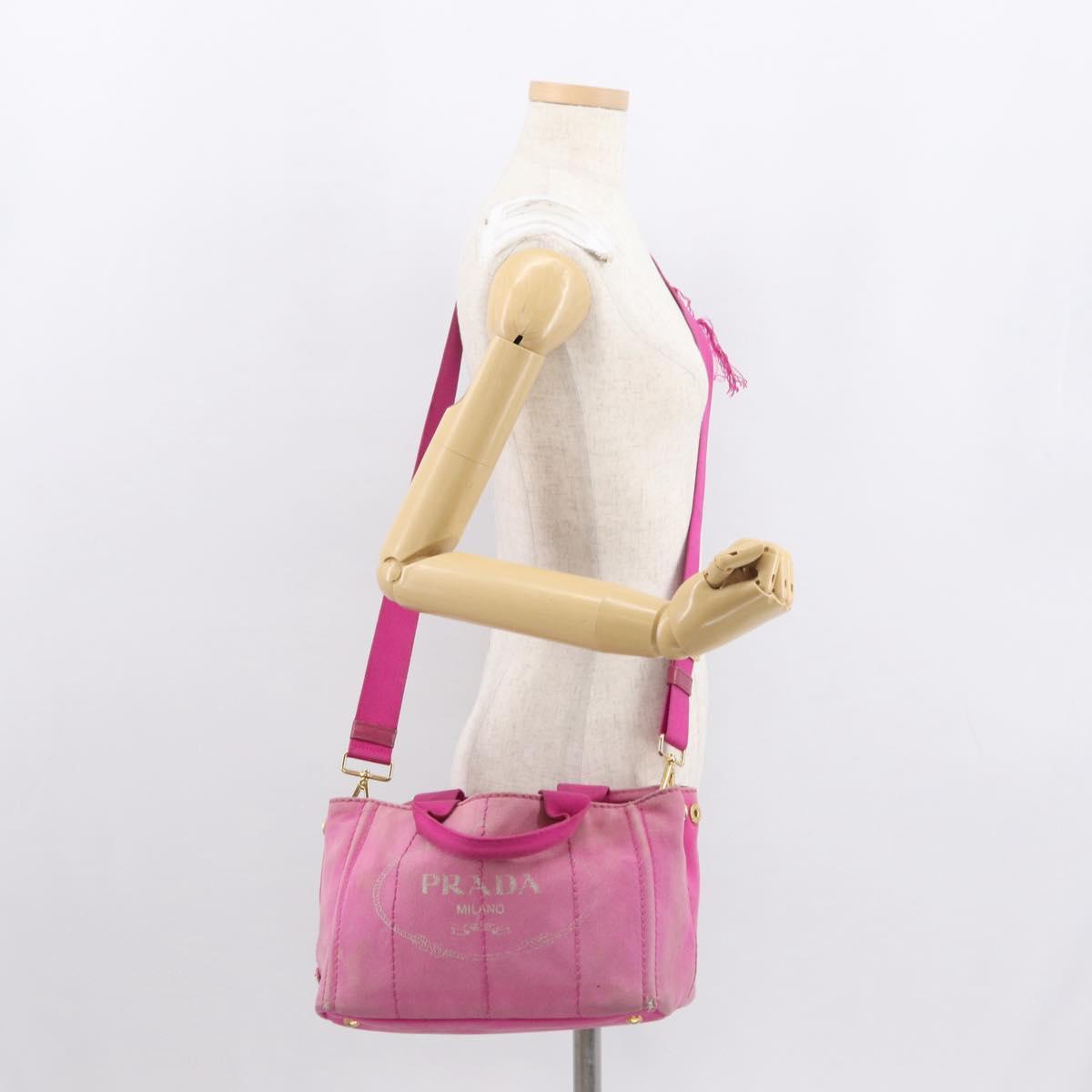 PRADA Canapa PM Hand Bag Canvas 2way Pink Gold Auth 162515