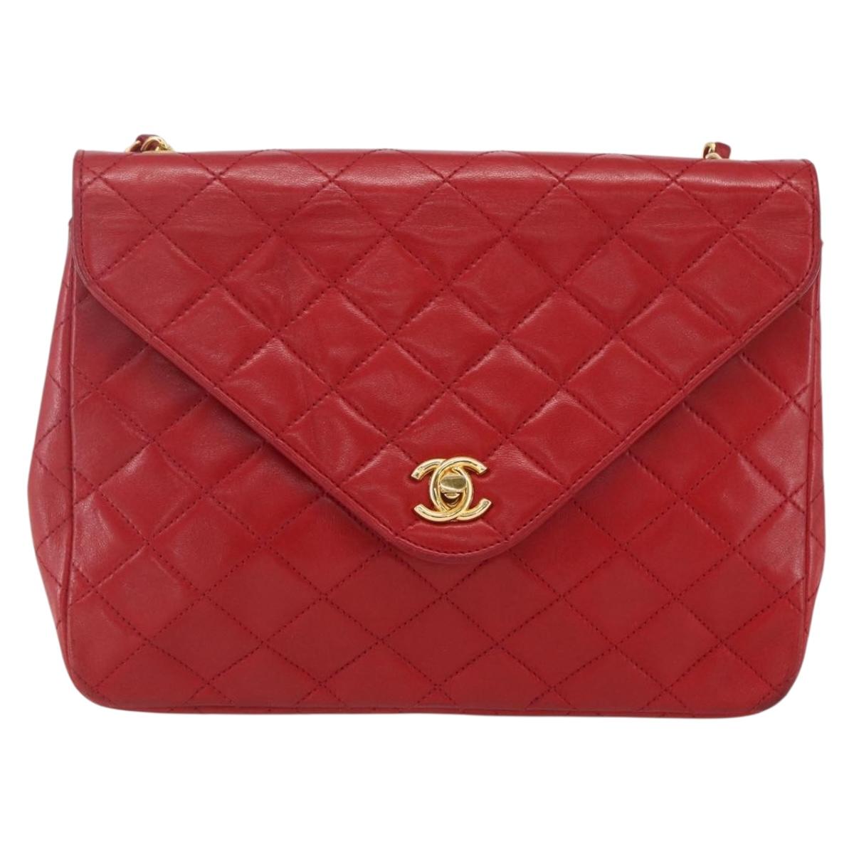 CHANEL Matelasse Chain Shoulder Bag Lamb Skin Gold Red CC Auth 162544