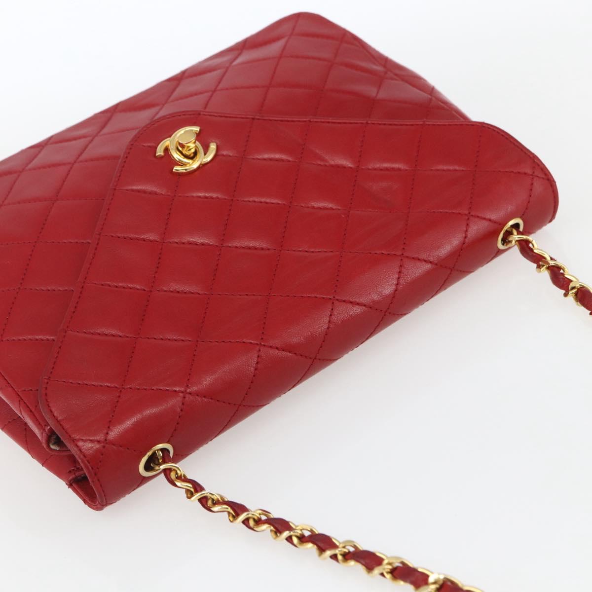 CHANEL Matelasse Chain Shoulder Bag Lamb Skin Gold Red CC Auth 162544