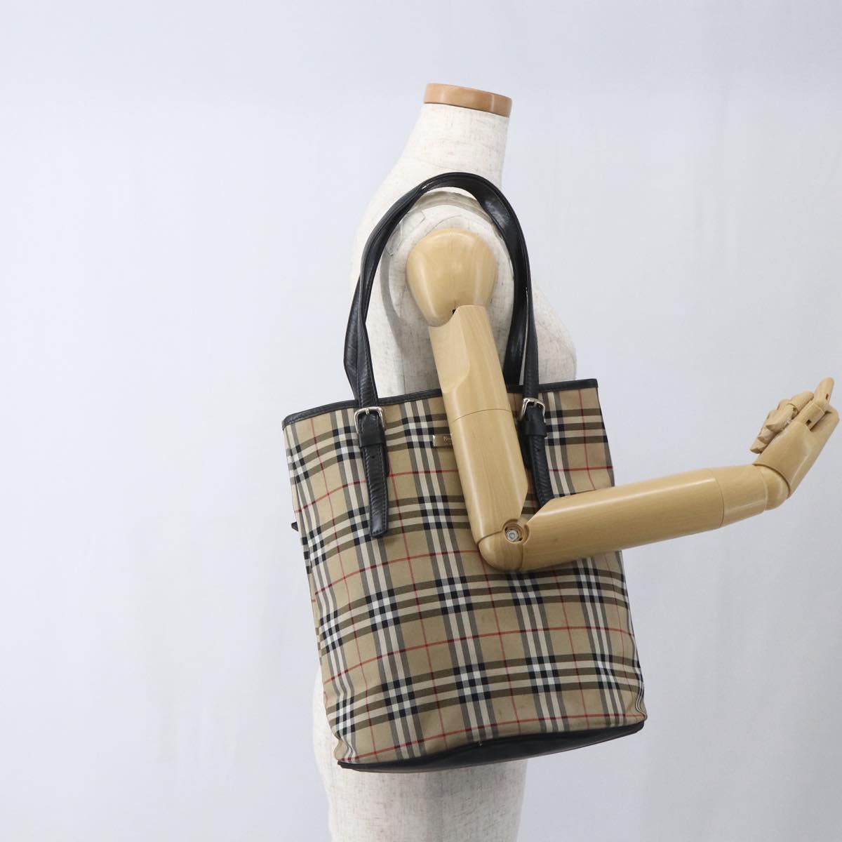 Burberrys Nova Check Blue Label Tote Bag Nylon Beige Silver Auth 162570