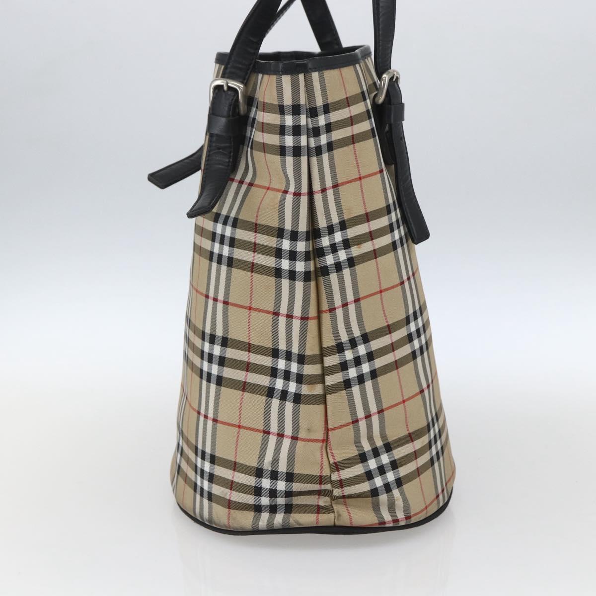 Burberrys Nova Check Blue Label Tote Bag Nylon Beige Silver Auth 162570