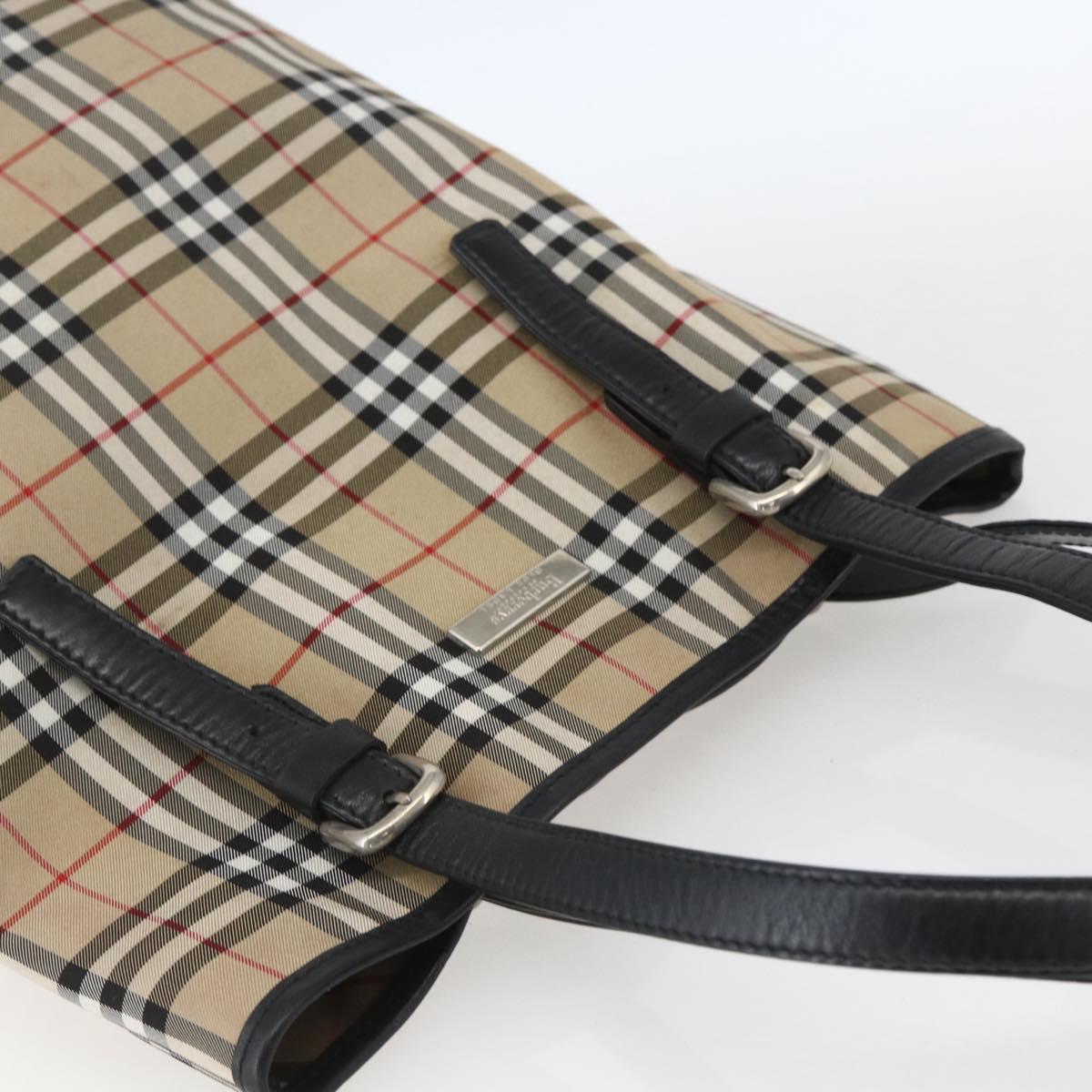 Burberrys Nova Check Blue Label Tote Bag Nylon Beige Silver Auth 162570