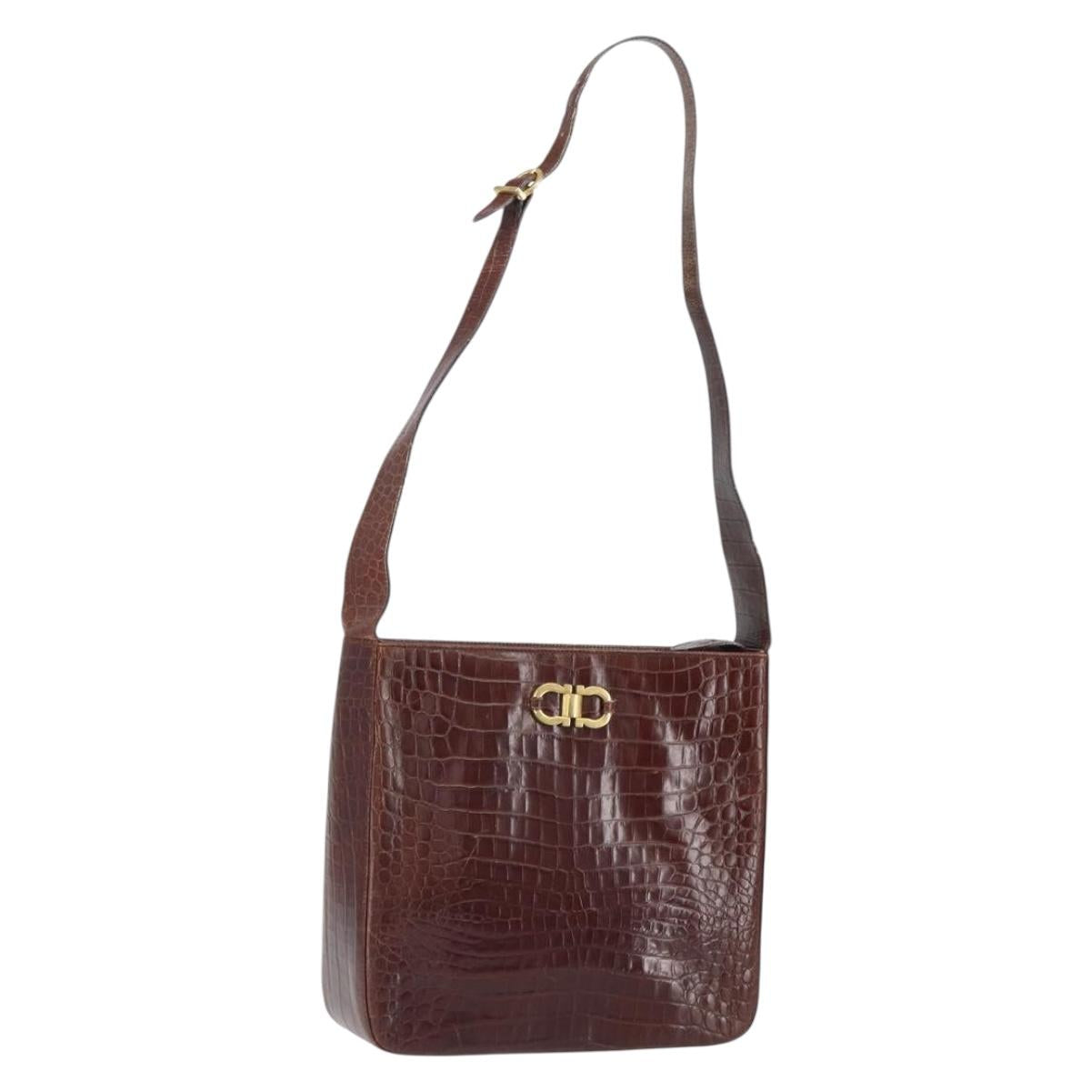 Salvatore Ferragamo Gancini Shoulder Bag Embossed leather Brown Gold Auth 162573