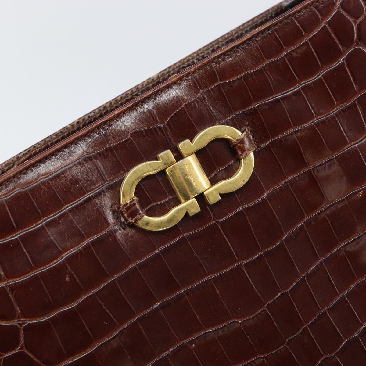 Salvatore Ferragamo Gancini Shoulder Bag Embossed leather Brown Gold Auth 162573