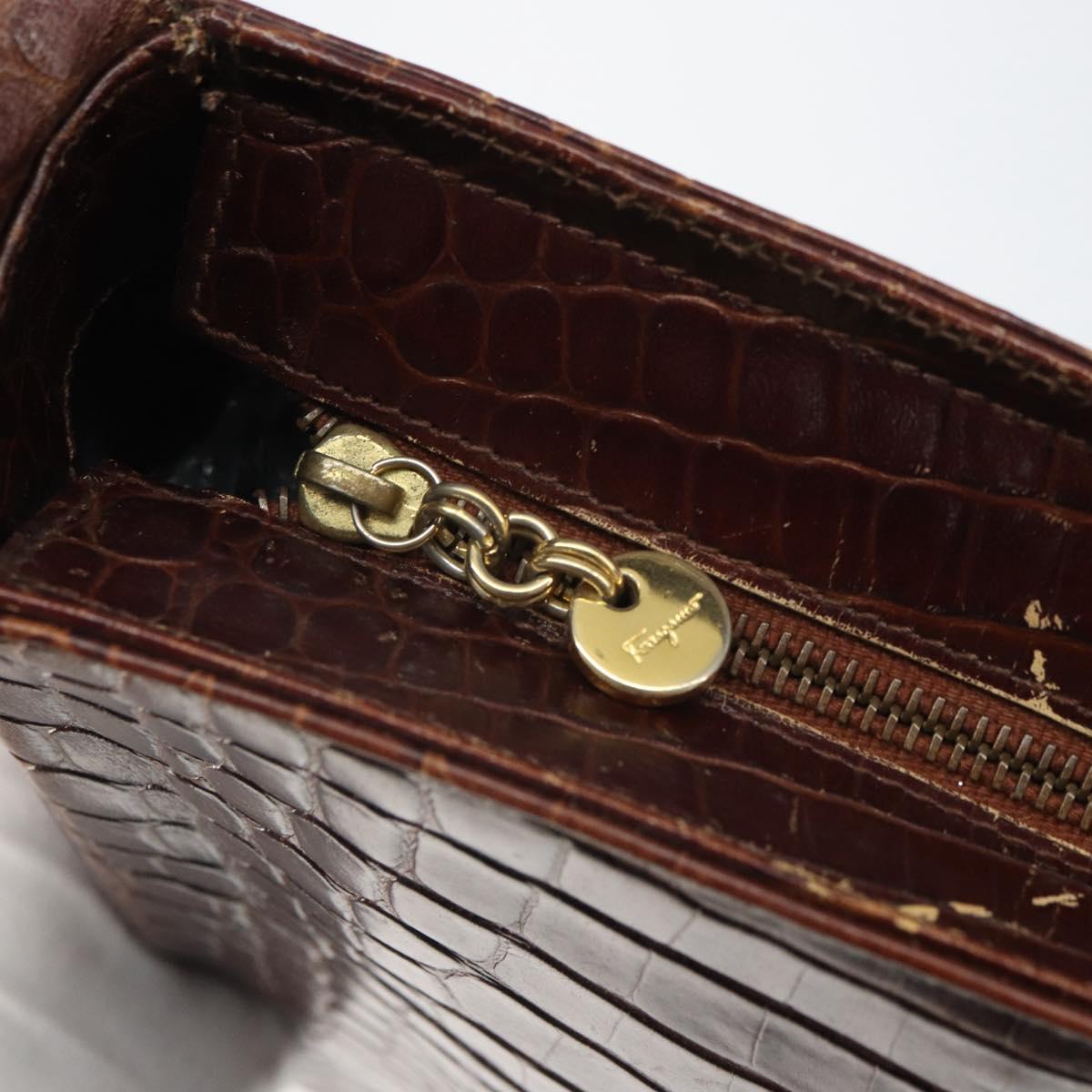 Salvatore Ferragamo Gancini Shoulder Bag Embossed leather Brown Gold Auth 162573