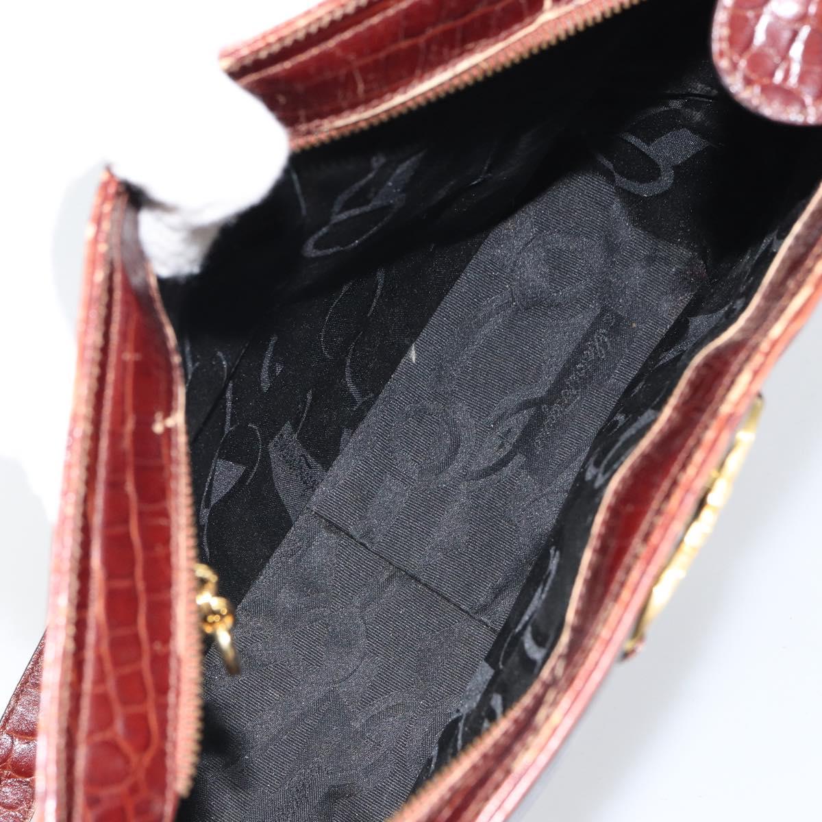 Salvatore Ferragamo Gancini Shoulder Bag Embossed leather Brown Gold Auth 162573