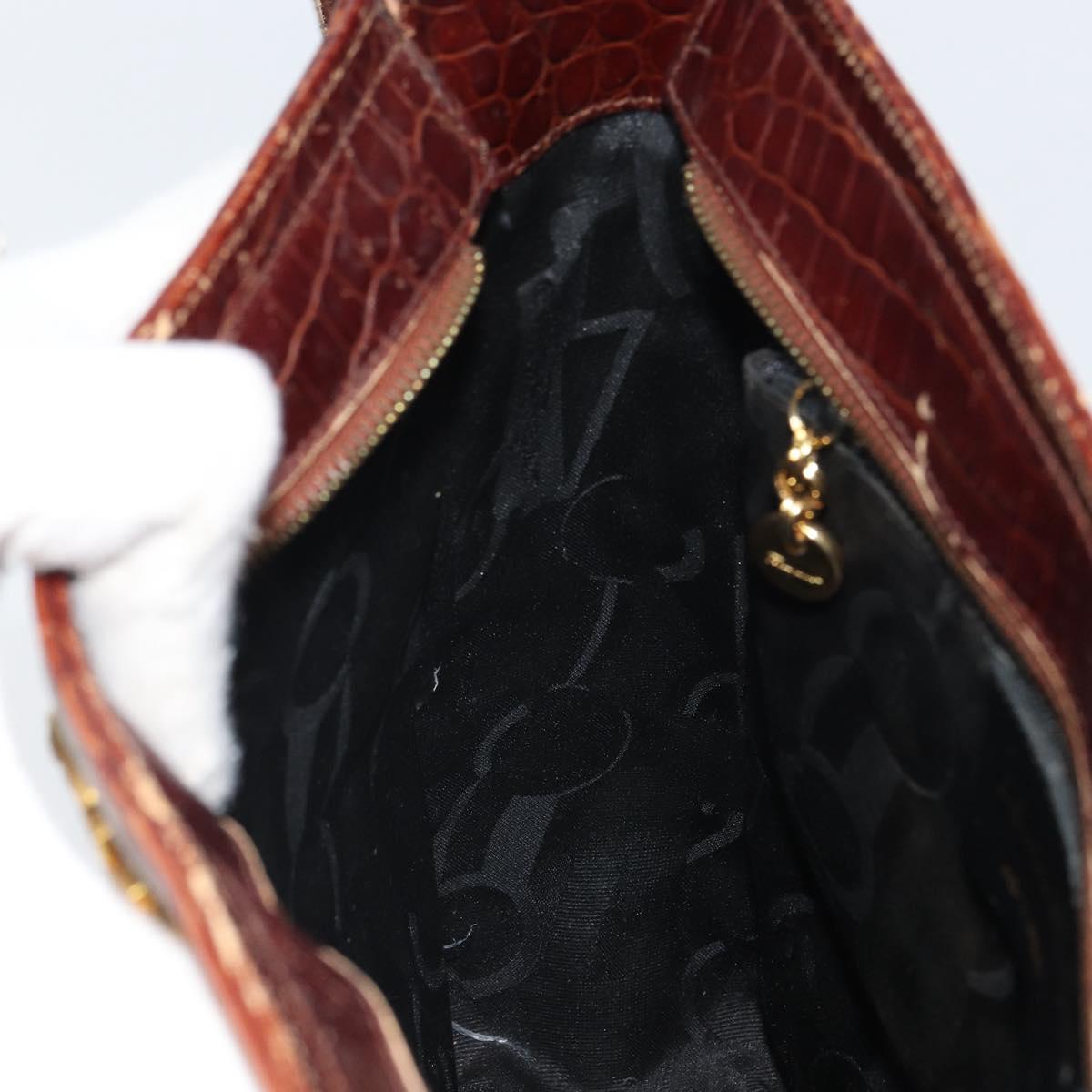 Salvatore Ferragamo Gancini Shoulder Bag Embossed leather Brown Gold Auth 162573