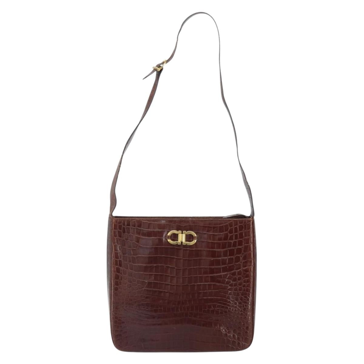 Salvatore Ferragamo Gancini Shoulder Bag Embossed leather Brown Gold Auth 162573