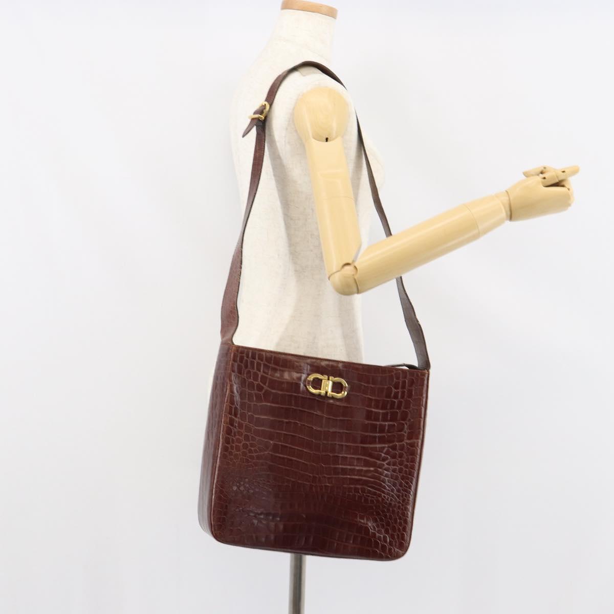 Salvatore Ferragamo Gancini Shoulder Bag Embossed leather Brown Gold Auth 162573