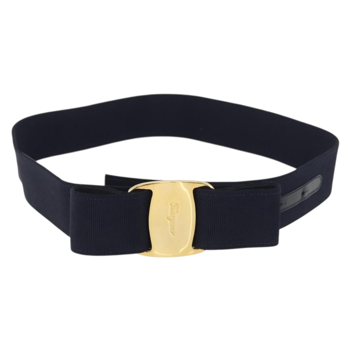 Salvatore Ferragamo Vara Ribbon Belt Canvas 32.7"" Navy Gold Auth 162587