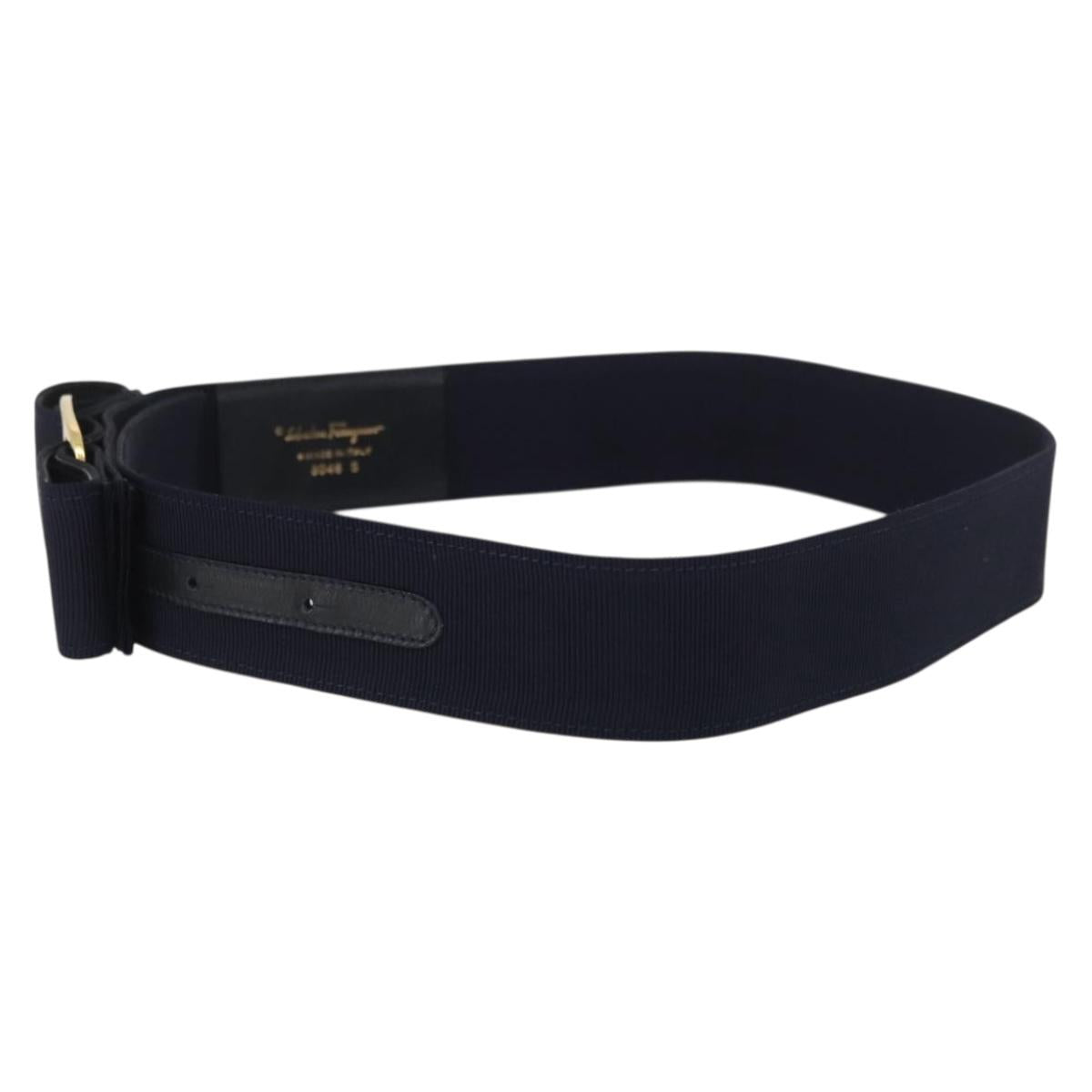 Salvatore Ferragamo Vara Ribbon Belt Canvas 32.7"" Navy Gold Auth 162587