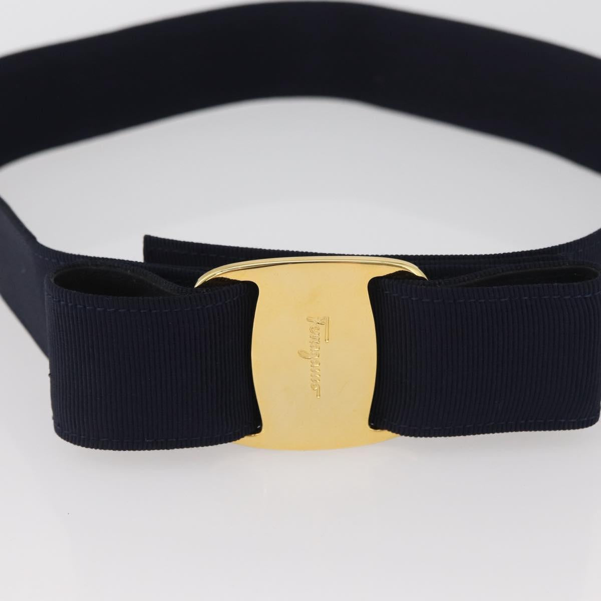 Salvatore Ferragamo Vara Ribbon Belt Canvas 32.7"" Navy Gold Auth 162587