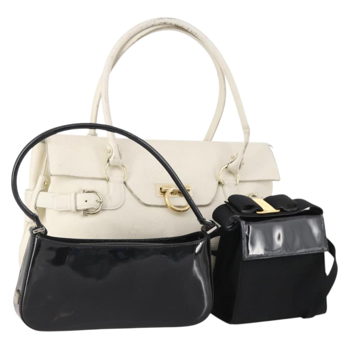 Salvatore Ferragamo Hand Bag Patent leather 3 Set White Black Navy Auth 162600
