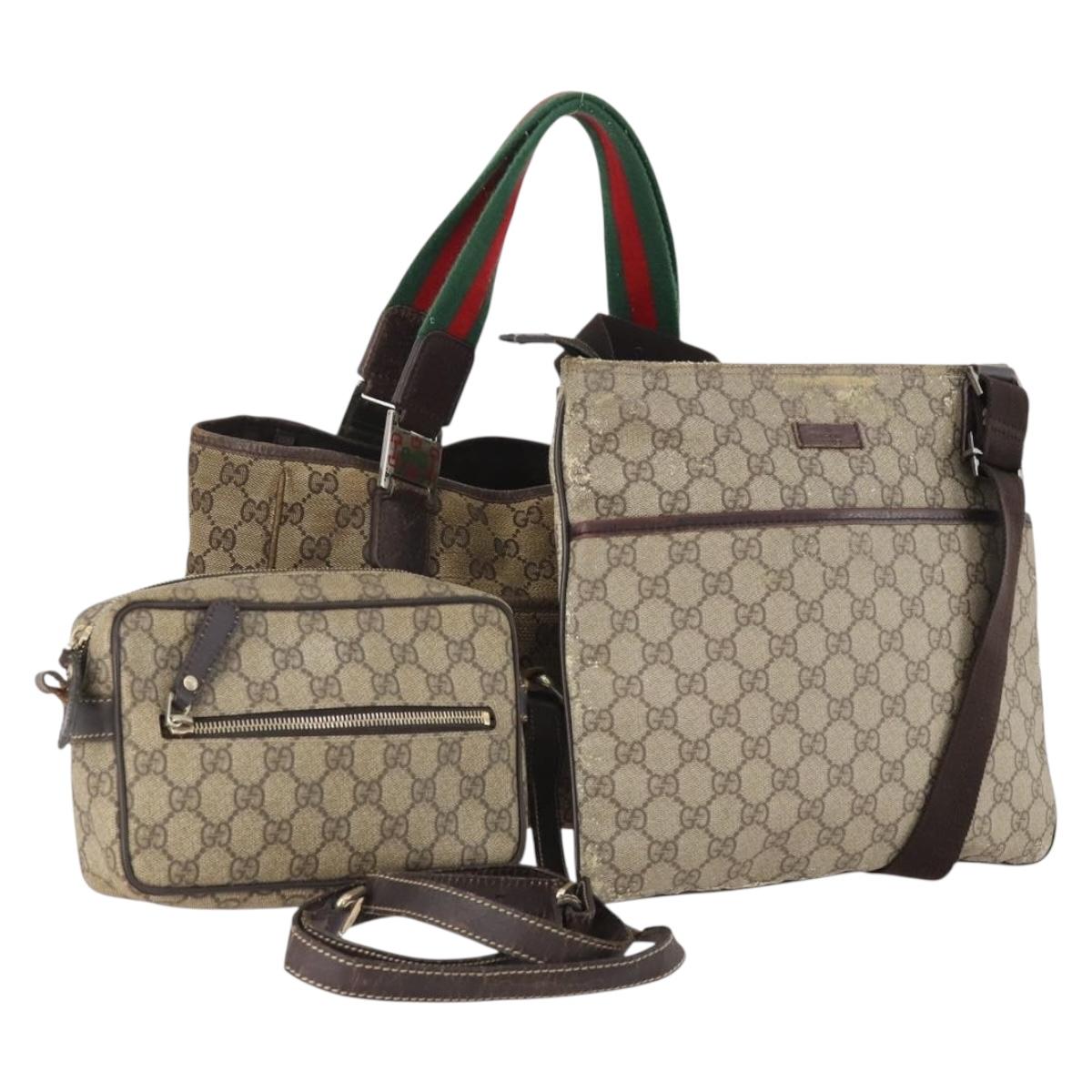 GUCCI GG Supreme Canvas Web Sherry Line Shoulder Bag PVC 3 Set Beige Auth 162605