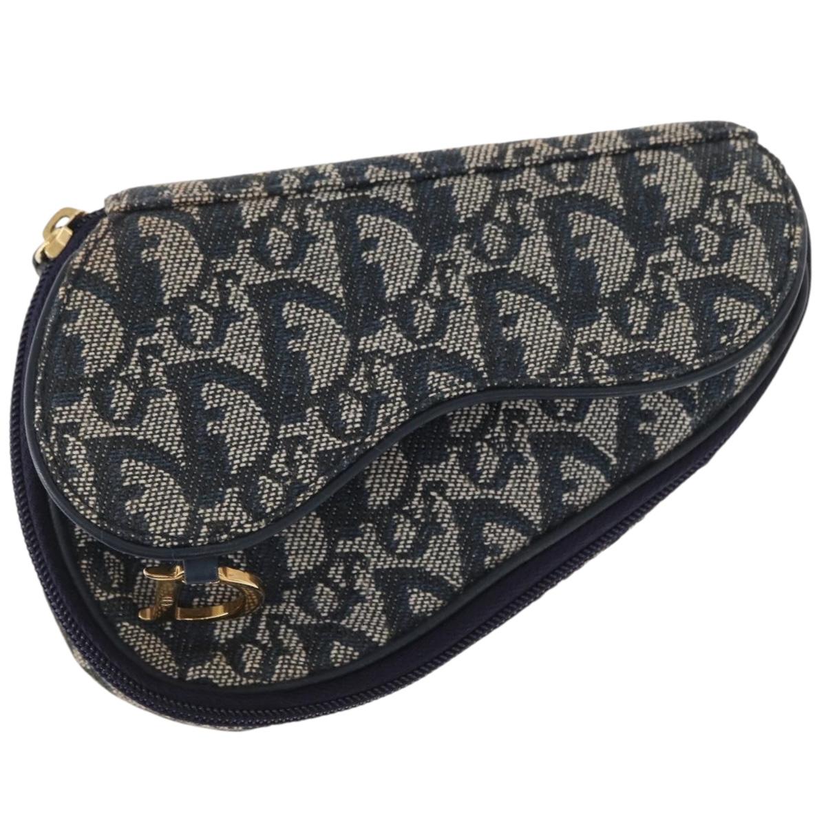 Christian Dior Trotter Canvas Saddle Pouch Navy Gold Auth 162748
