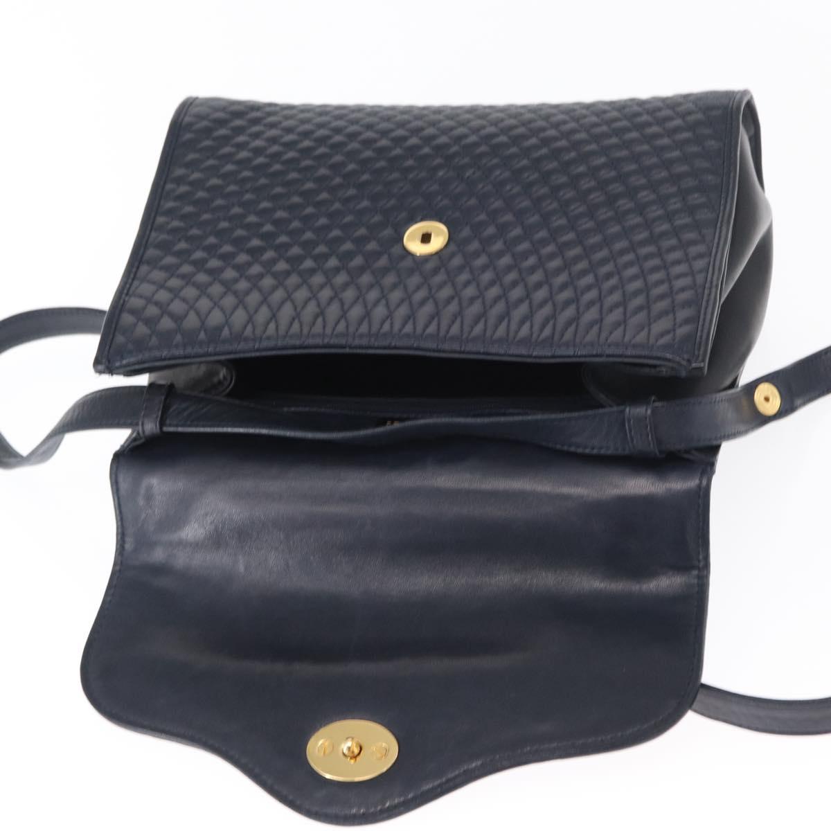 BALLY Hand Bag Leather 2way Navy Gold Auth 162765