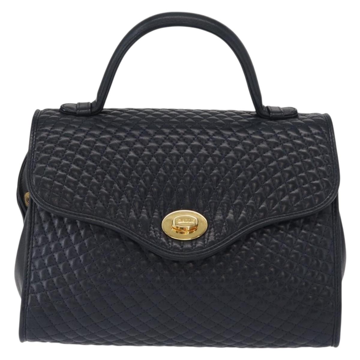 BALLY Hand Bag Leather 2way Navy Gold Auth 162765