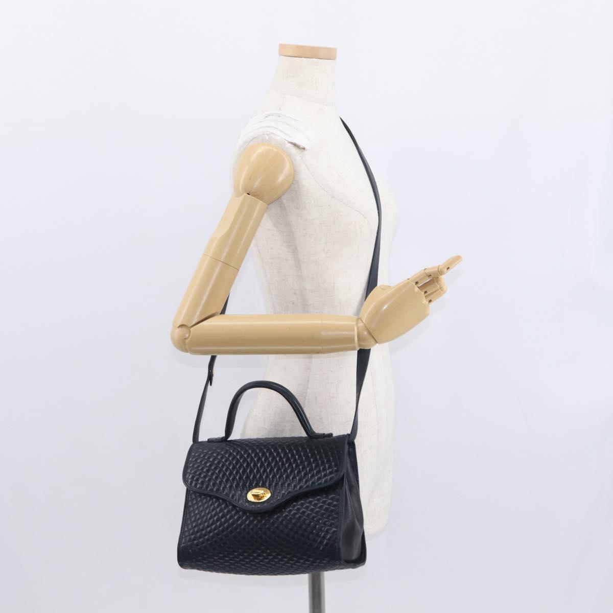BALLY Hand Bag Leather 2way Navy Gold Auth 162765