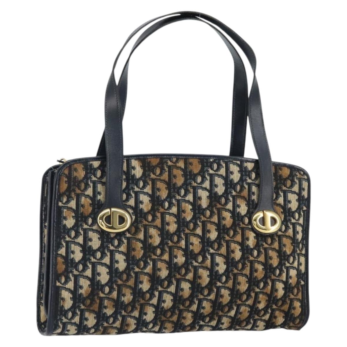 Christian Dior Trotter Canvas Hand Bag Navy Gold Auth 162766