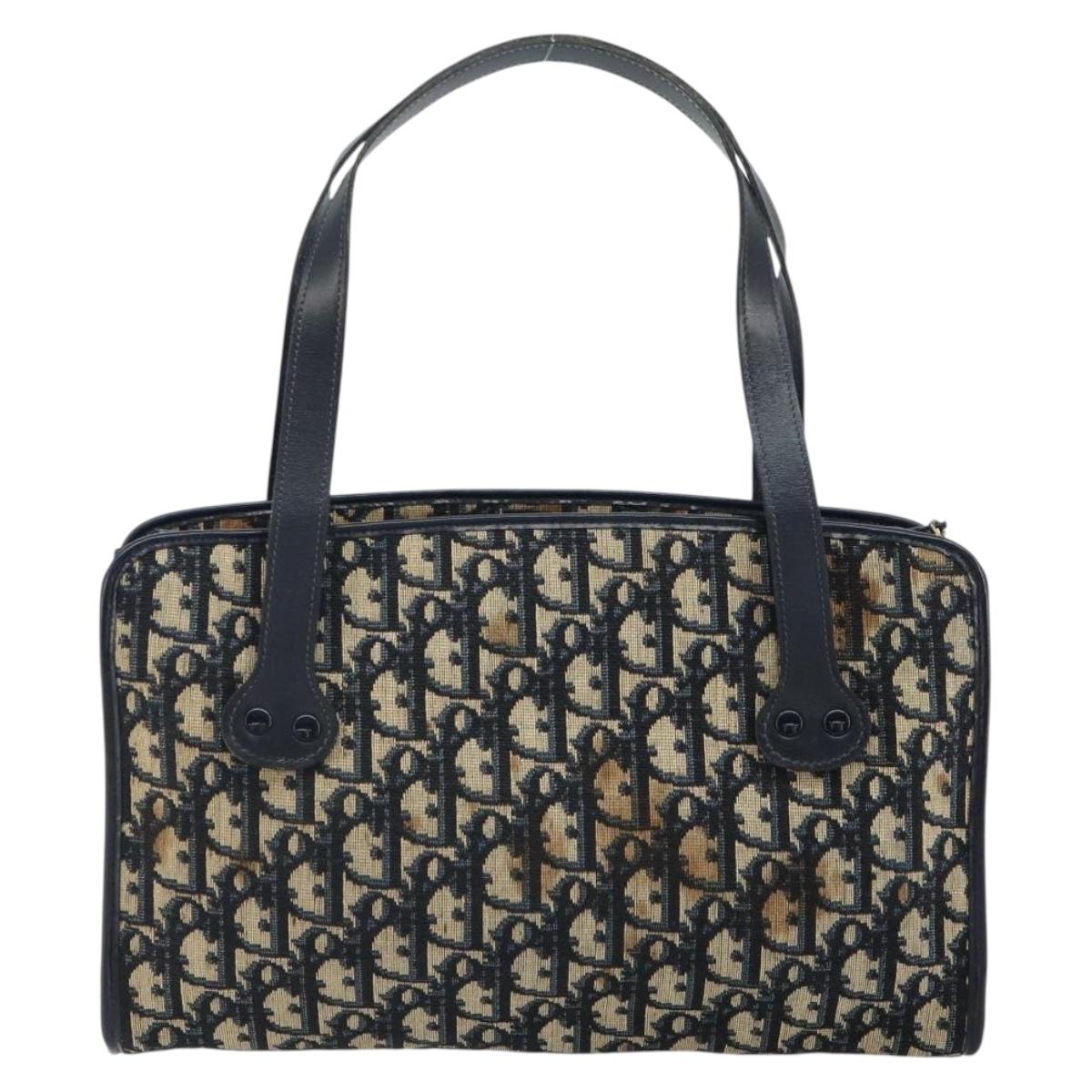 Christian Dior Trotter Canvas Hand Bag Navy Gold Auth 162766