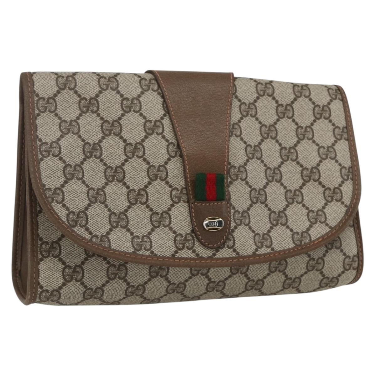 GUCCI GG Supreme Web Sherry Line Clutch Bag PVC Beige Gold 89 01 030 Auth 162811