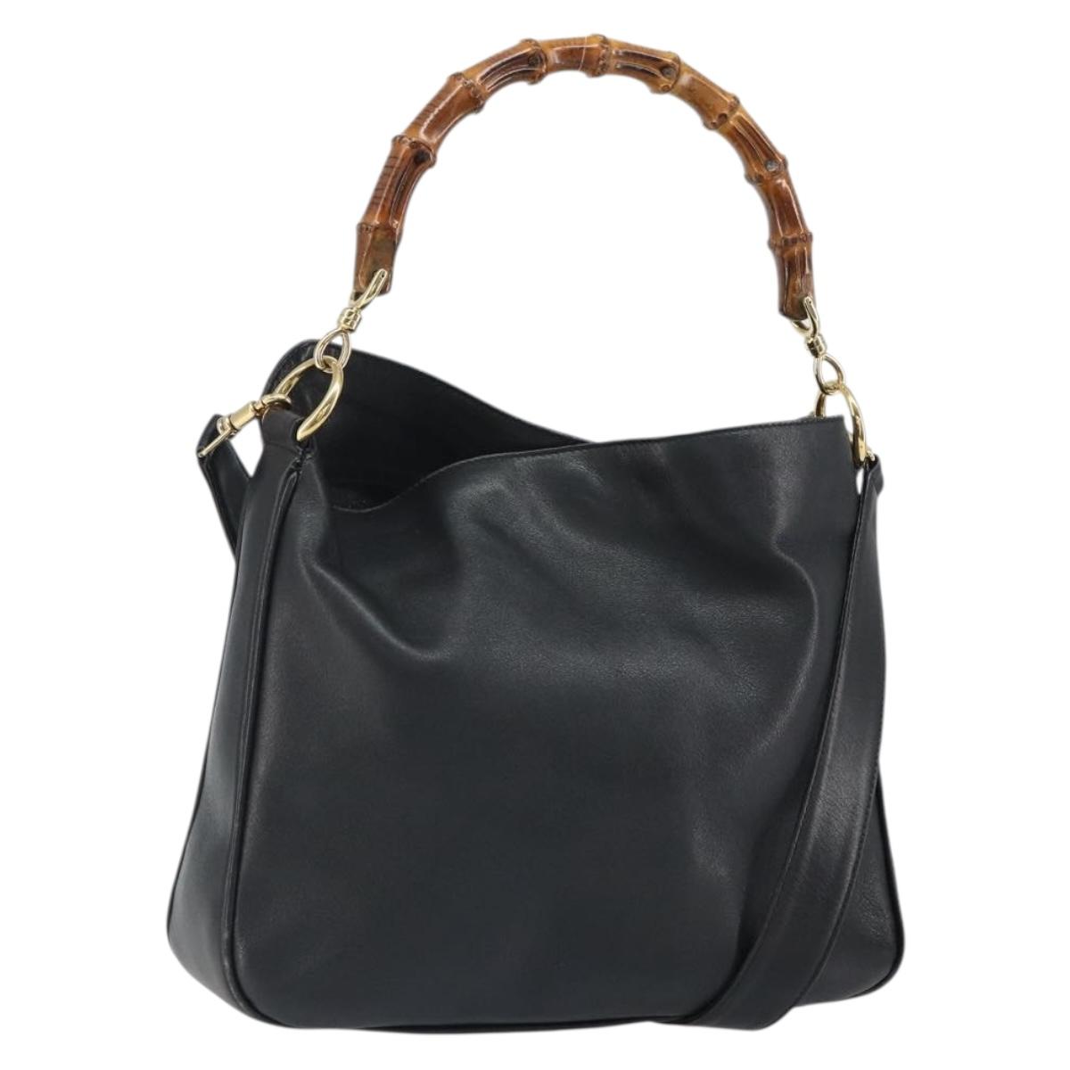 GUCCI Bamboo Hand Bag Leather Black Gold 001 0166 1638 Auth 162820