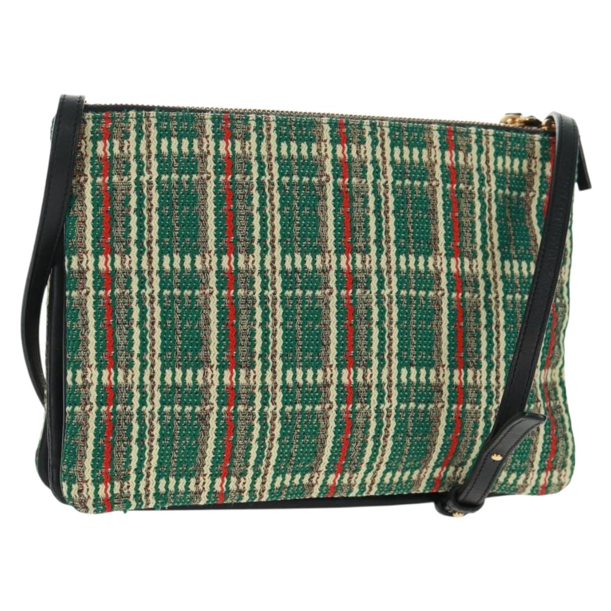 CELINE Trio Large Shoulder Bag Tweed Green Gold Auth 162840V