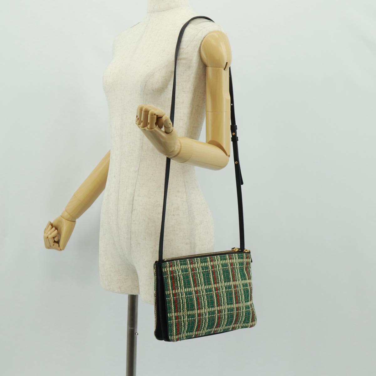 CELINE Trio Large Shoulder Bag Tweed Green Gold Auth 162840V