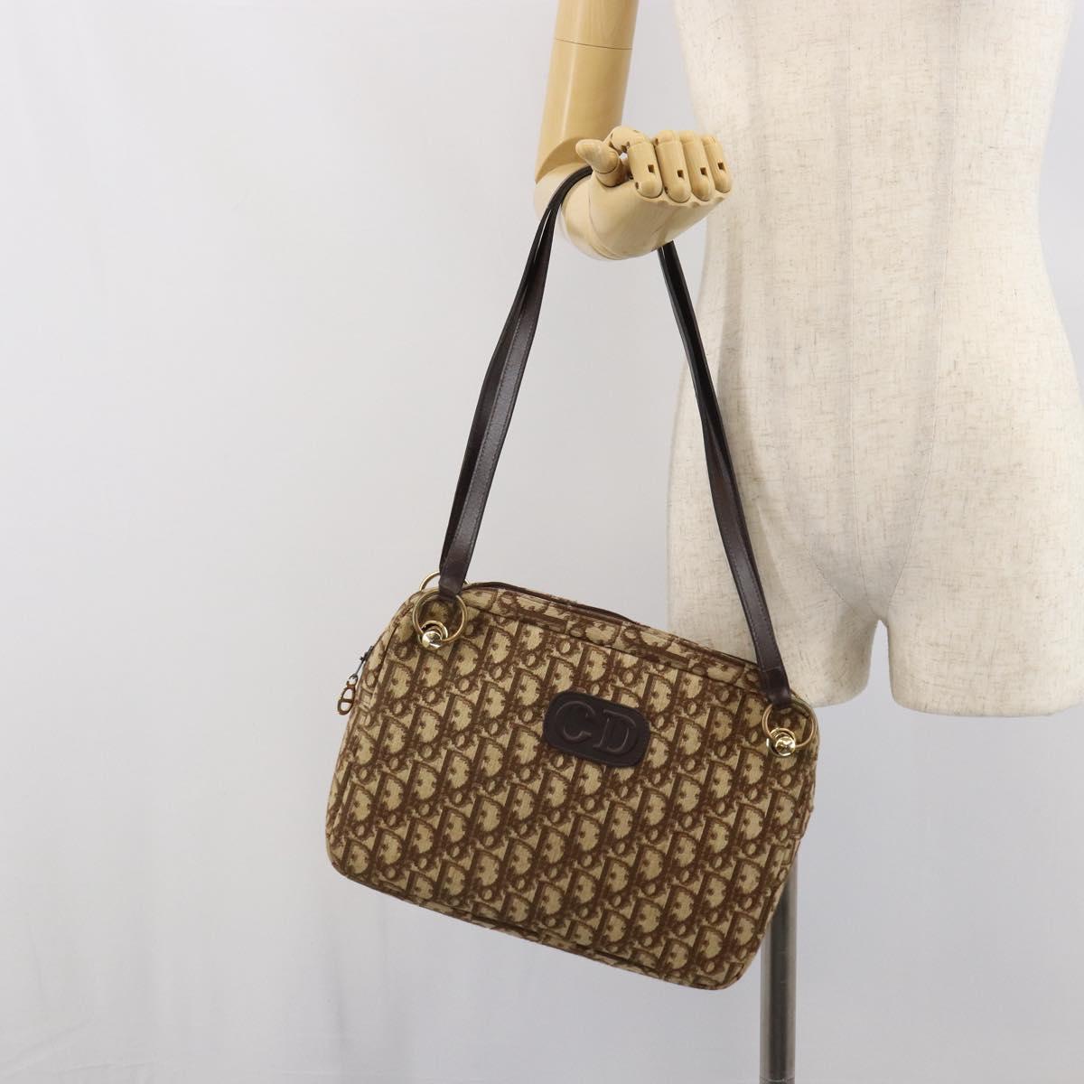 Christian Dior Trotter Canvas Romantic Shoulder Bag Brown Gold Auth 162848