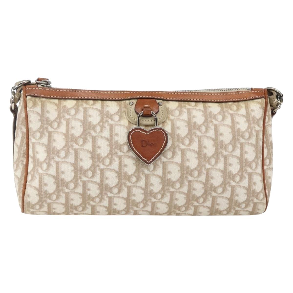 Christian Dior Trotter Canvas Romantic Shoulder Bag PVC Beige Silver Auth 162849