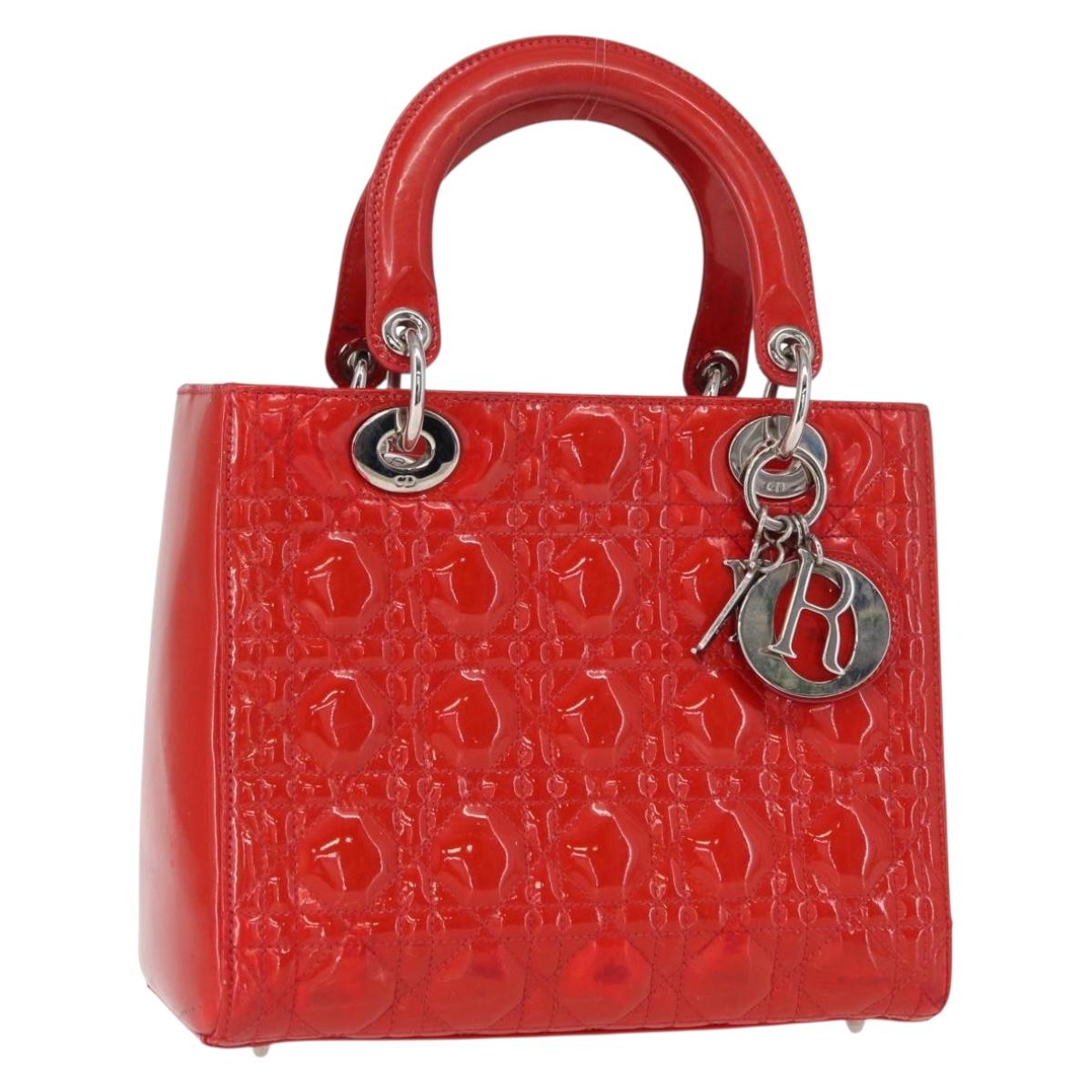 Christian Dior Canage Hand Bag Patent leather Red Silver Auth 162851