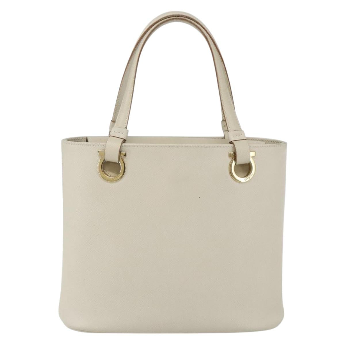 Salvatore Ferragamo Hand Bag Leather White Gold Auth 162853