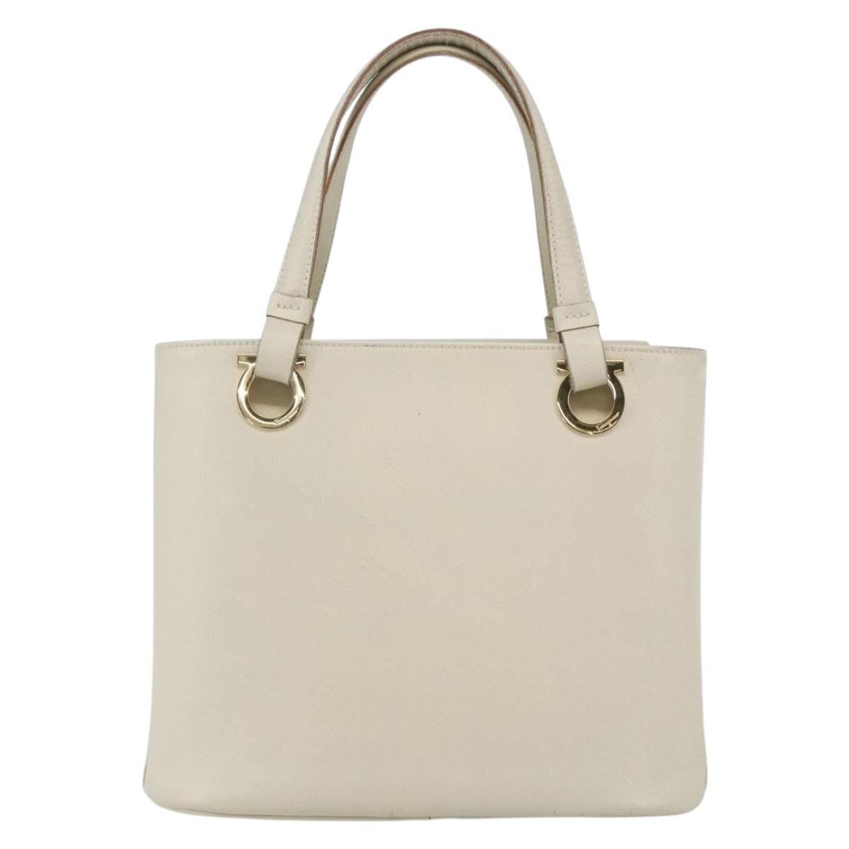 Salvatore Ferragamo Hand Bag Leather White Gold Auth 162853