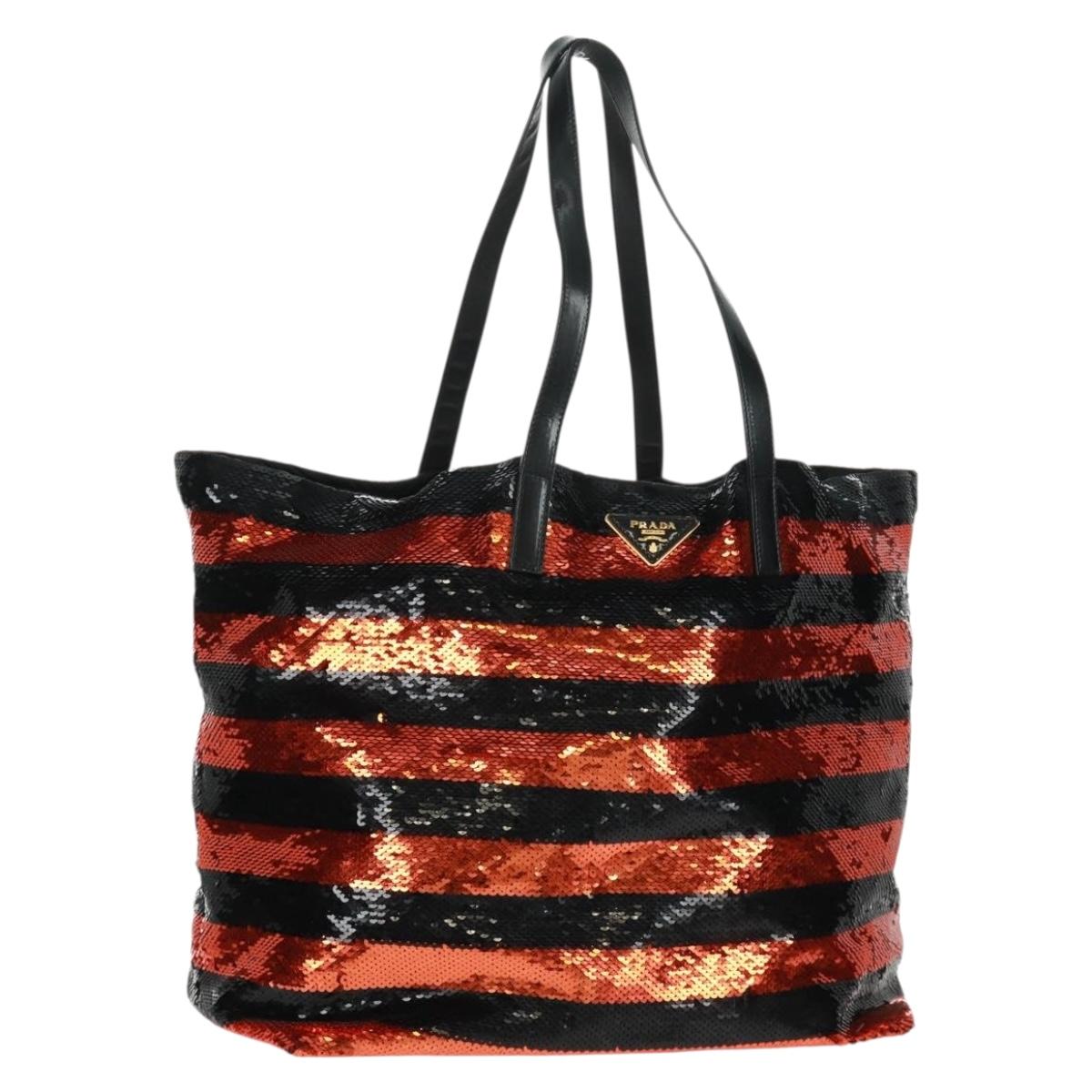 PRADA Sequin Tote Bag Nylon Orange Black Auth 162878V